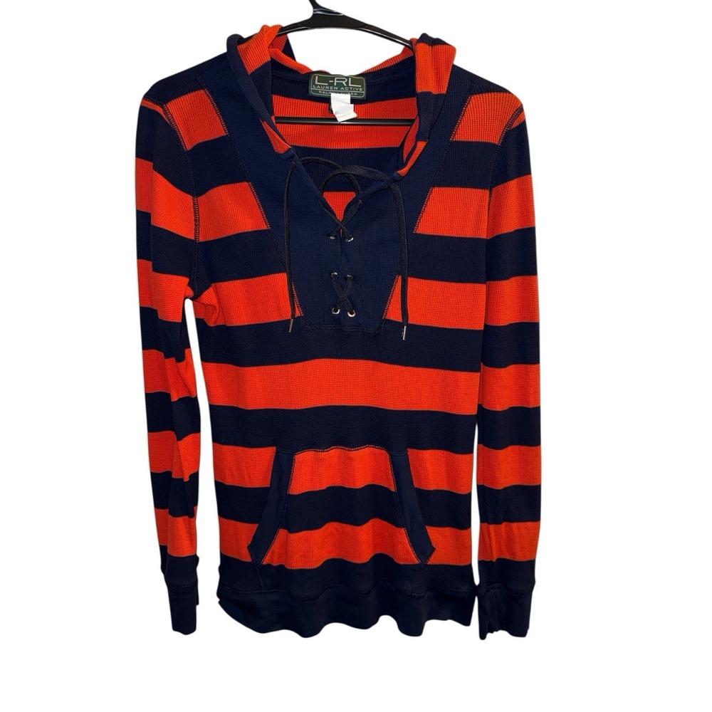 Ralph Lauren LRL Active Waffle Knit Thermal Hoodie L Orange Blue Rugby Striped